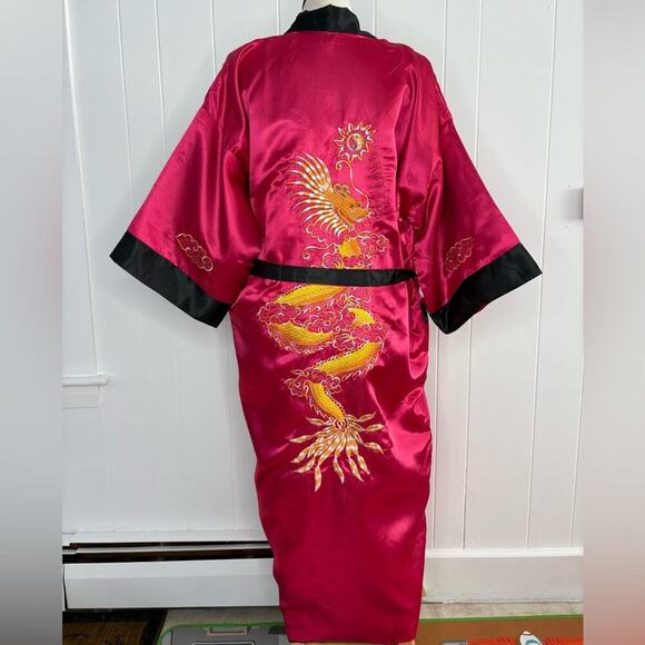 Reversible Satin Japan Belted Kimono Robe - Dragon Embroidered Red Black Long - Picture 3 of 9